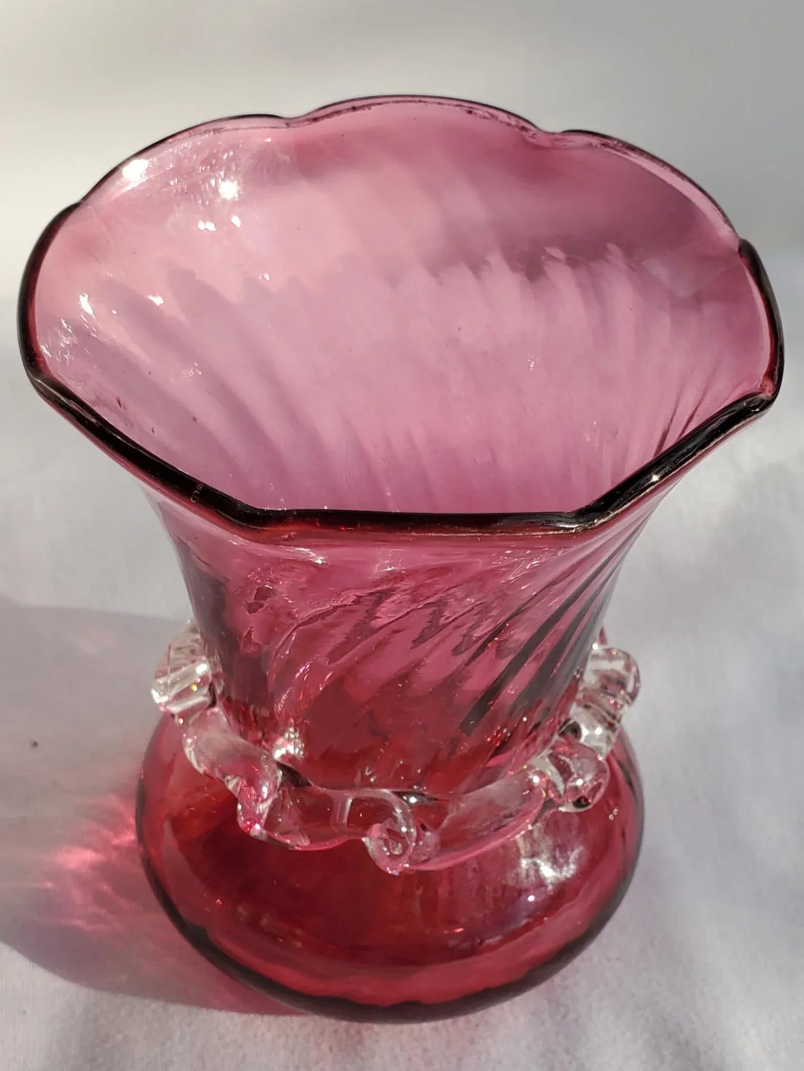 1980s Pilgrim Cranberry Glass Bud Vase With Crystal Collar - 7