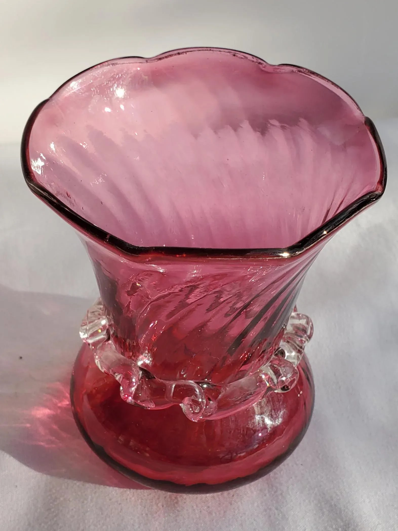 1980s Pilgrim Cranberry Glass Bud Vase With Crystal Collar - 8