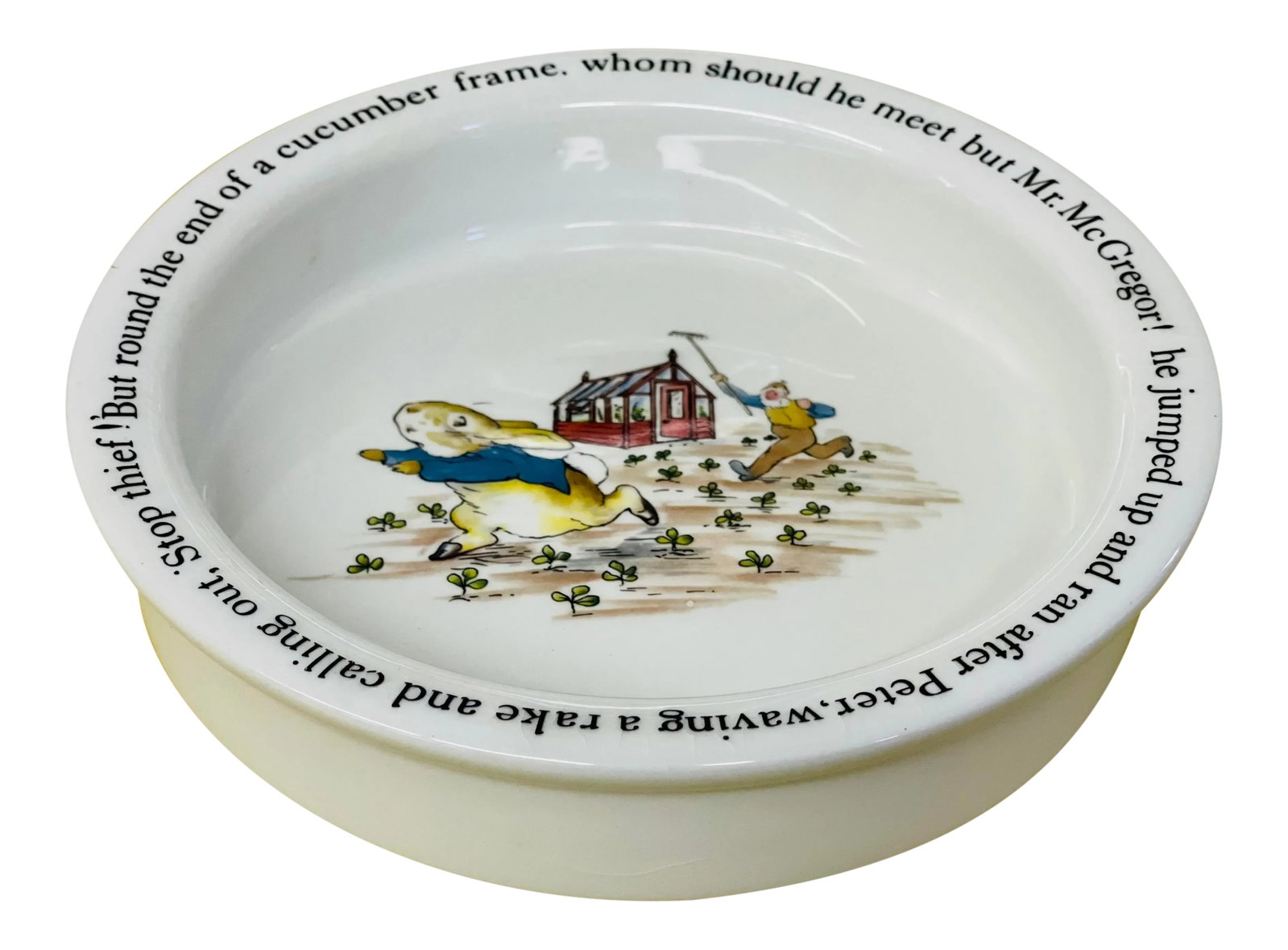 Vintage Mid 20th Century Wedgwood "Peter Rabbit" Baby Bowl: Adorable Vintage Wedgwood Child's Bowl based off the works of Beatrix Potter's "Peter Rabbit". Made in England of Porcelain. Excellent vintage condition. This would make a lovely baby shower gift!