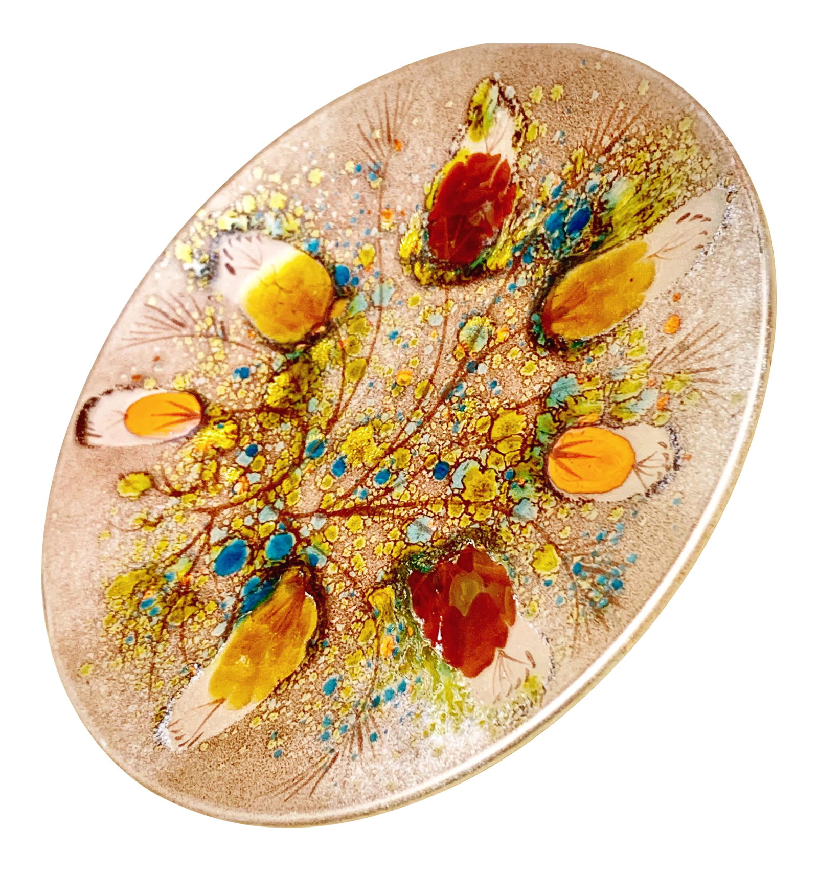Midcentury Copper Enamel Abstract Tray: Vintage copper tray with abstract enamel top finish in gorgeous blended burst of colors. Apricot, blues and more. Fab decor accent for table, desk or credenza Condition: Alterations: Original Conditio