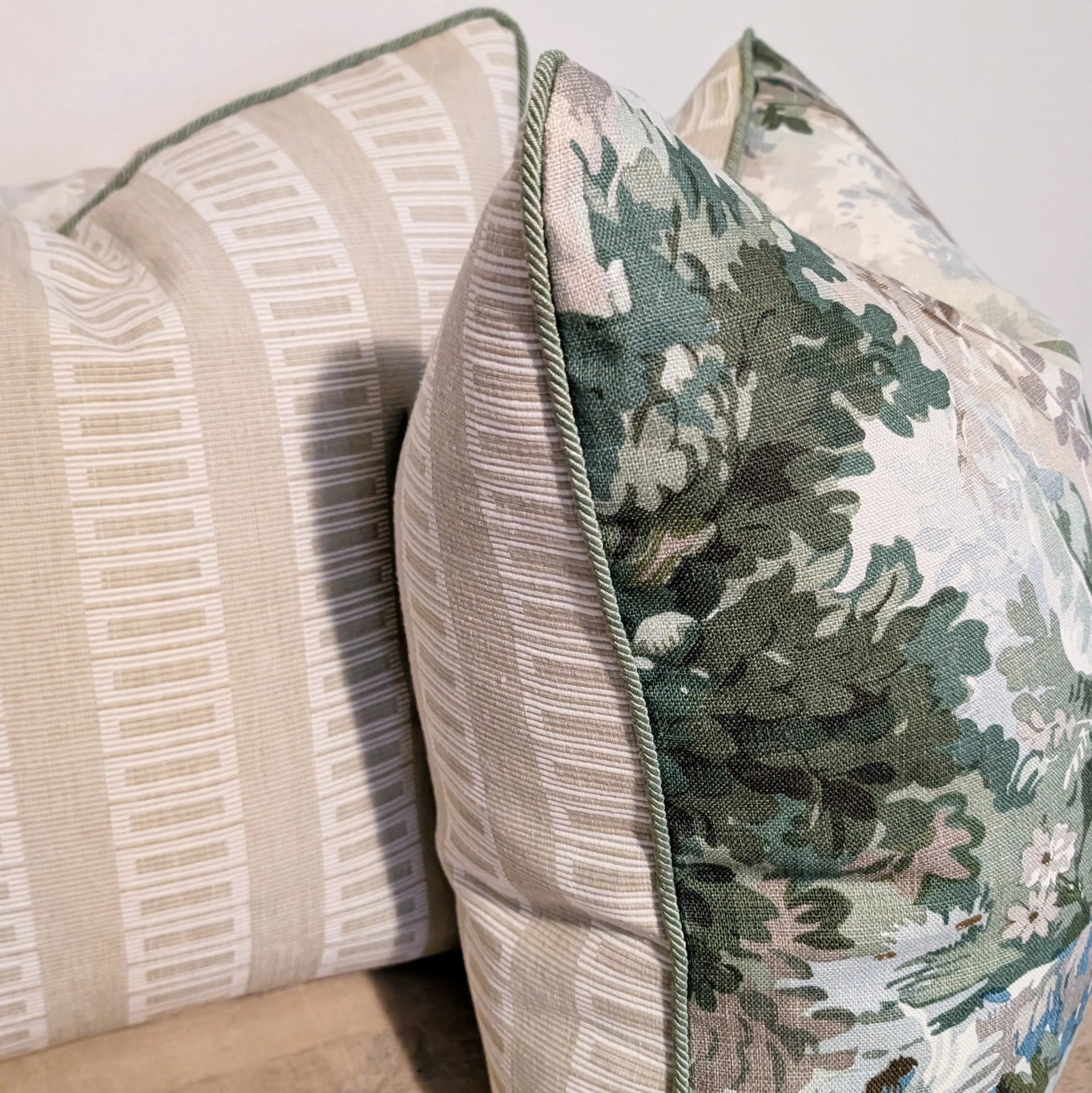Cowtan & Tout Rutland Verdure Pillows With Green Cord and Scalamandre Lark Backs - 6