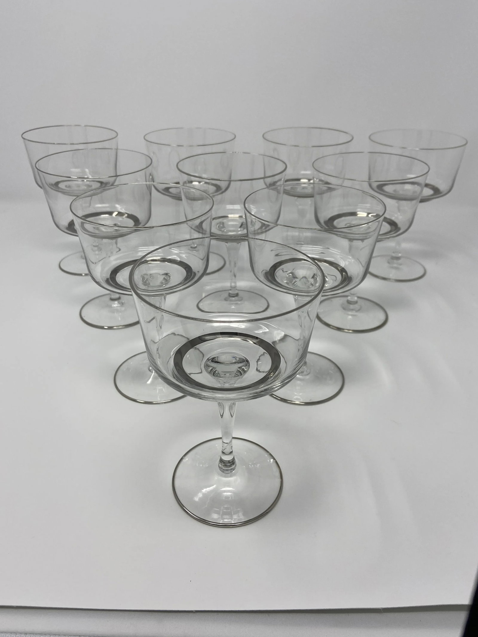 Mid-Century Silver Banded Tall Wine Coupes - Set of 10 - 2