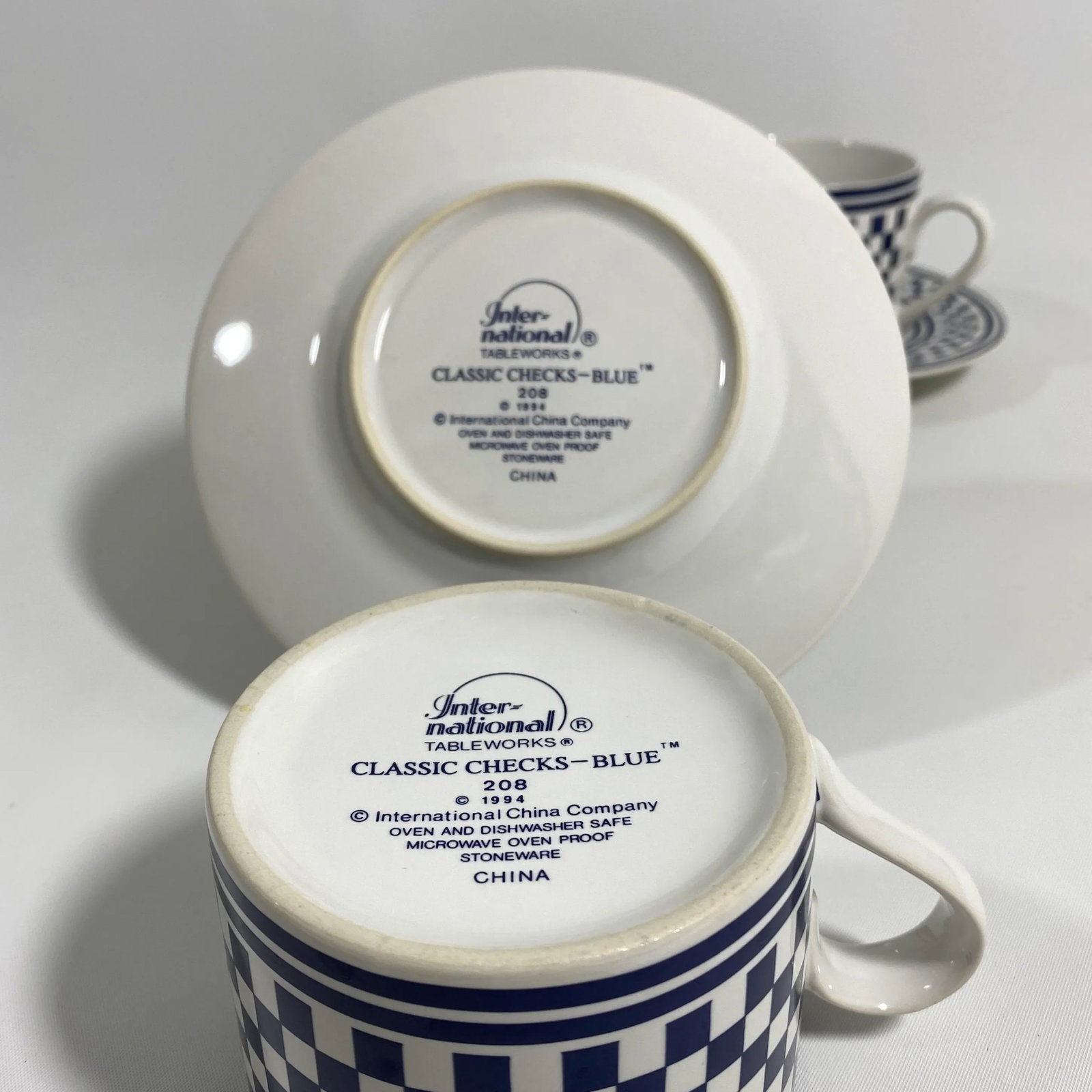 1994 Classic Checks Checkerboard Blue Coffee/Tea Cups Set of 2 - 12