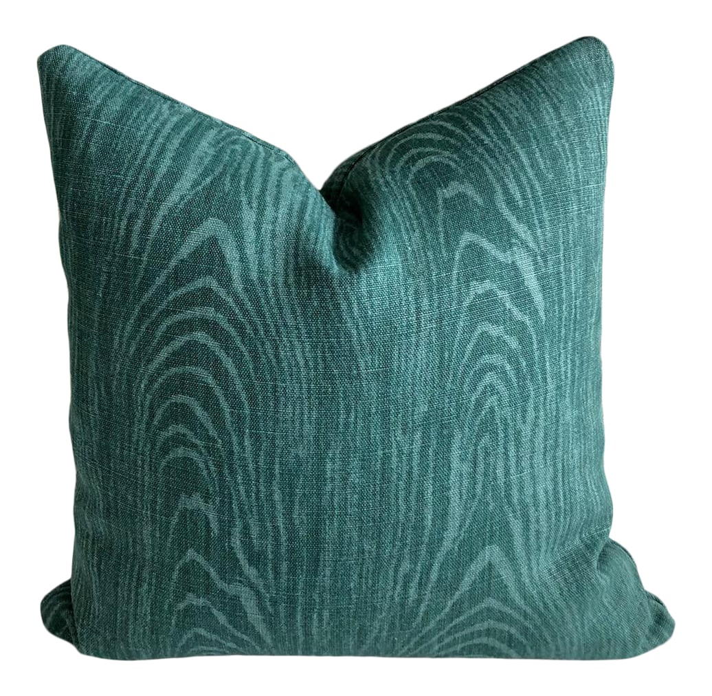 Woodgrain Linen Pillow: Wood print linen fabric pillow. Pillow includes "angel hair" fill, faux down and zipper. Kravet fabric: Hallerbos/Malachite. Condition: Alterations: Original Condition Unaltered Imperfections: Some