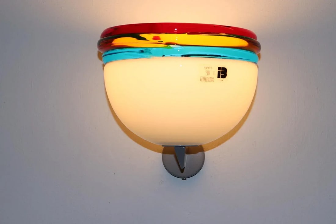 1980s Carlo Nason Murano Wall Lamp White Glass With Aqua Amber Red Accent - 2