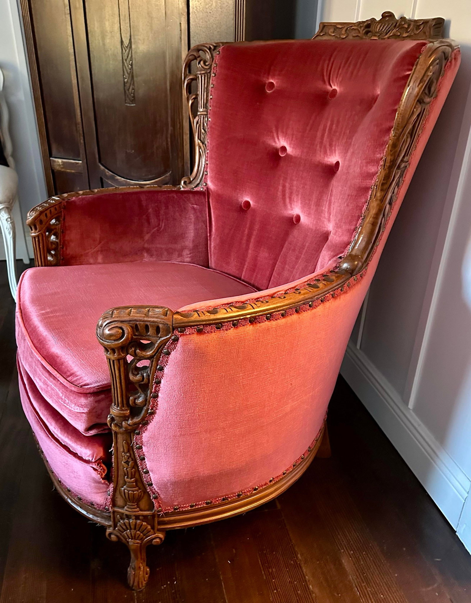 Antique Victorian Dark Pink Velvet Wingback Chair - 2