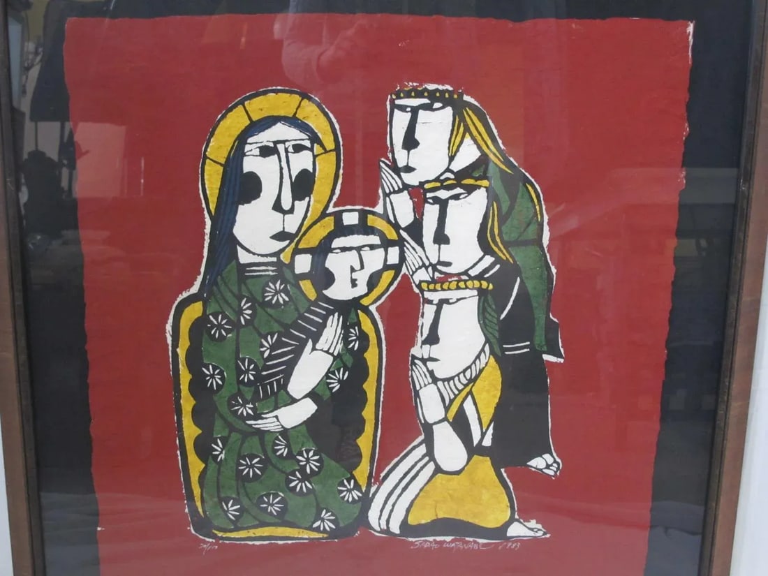 Sadao Watanabe Japanese Signed Framed Katazome Adoration of the Magi - 2