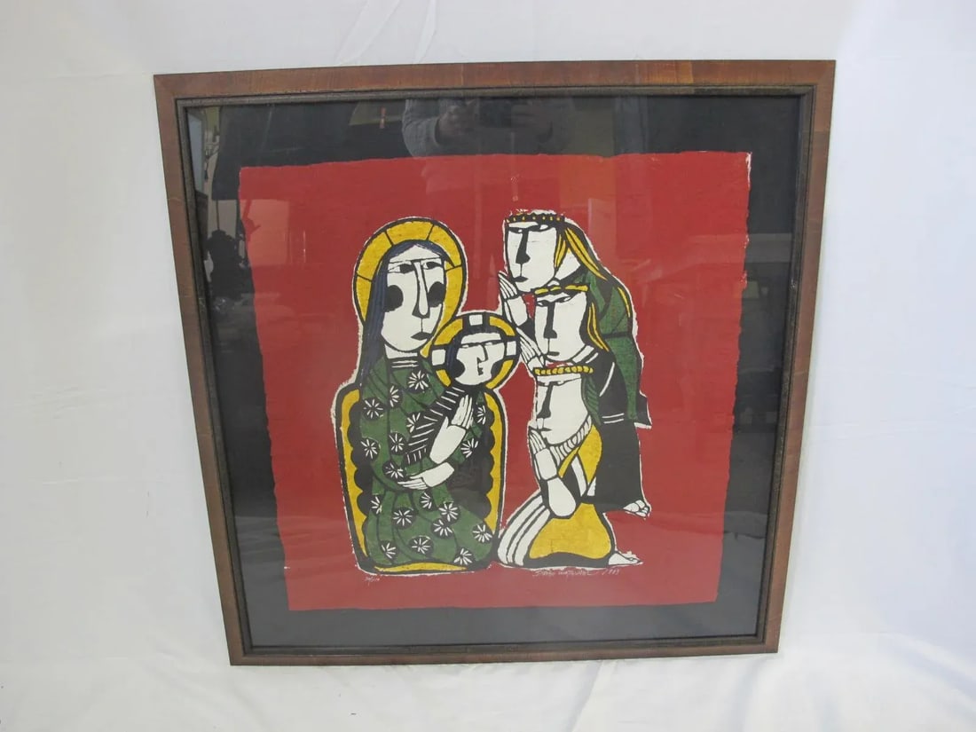 Sadao Watanabe Japanese Signed Framed Katazome Adoration of the Magi - 7