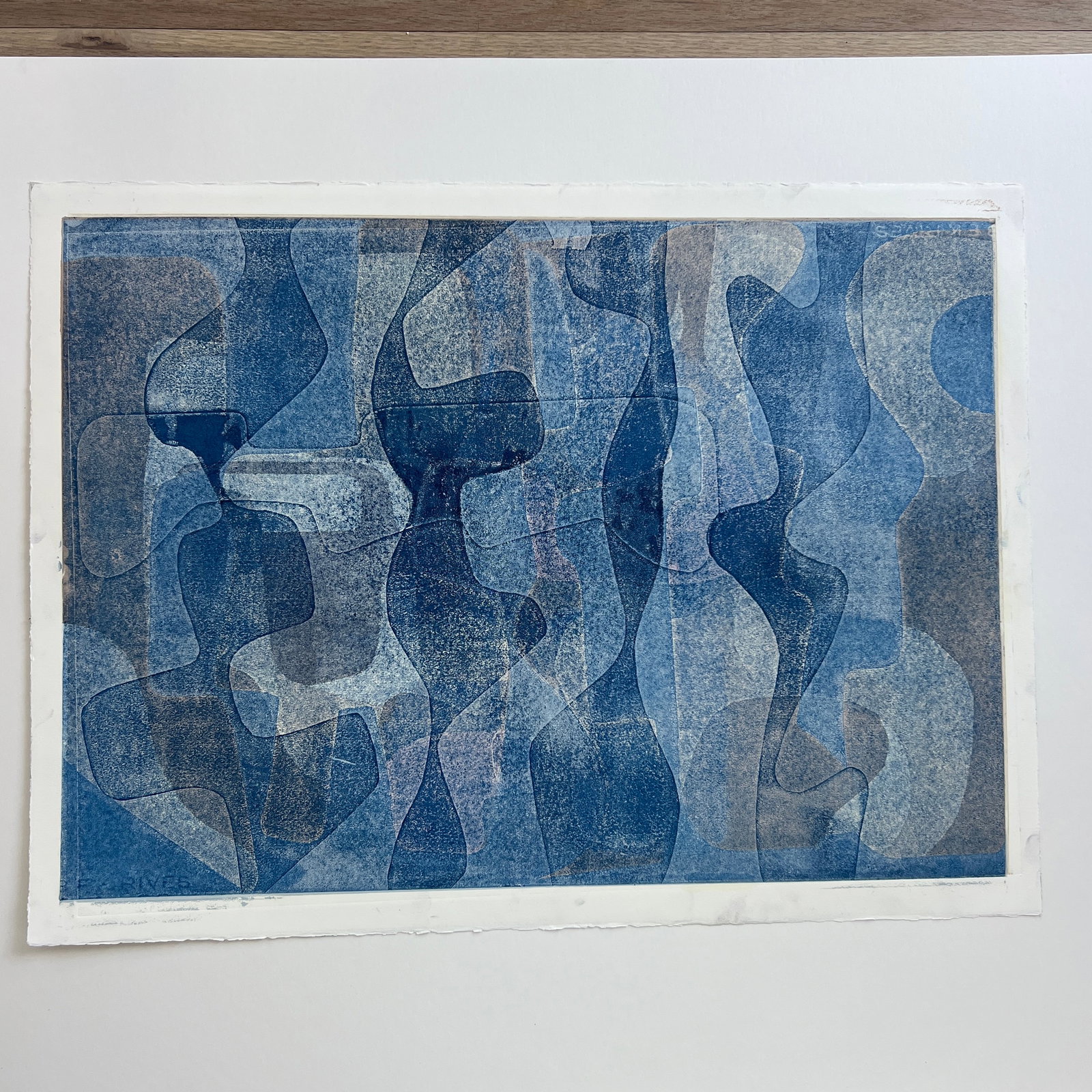 Original Signed Blue Abstract Layered Monotype Artwork, Unframed - 2