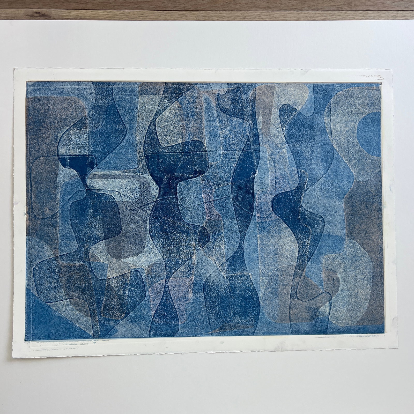 Original Signed Blue Abstract Layered Monotype Artwork, Unframed - 3