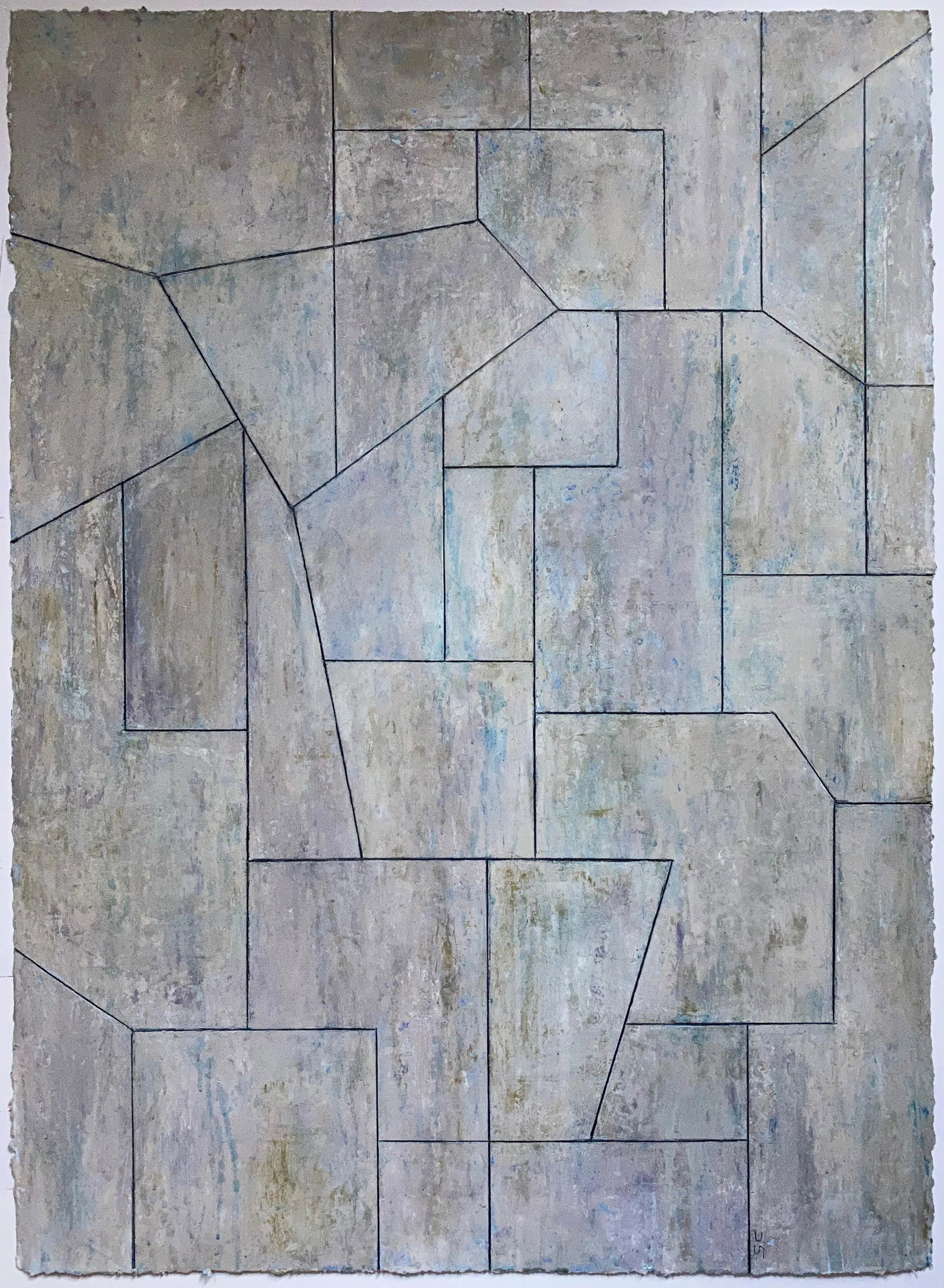 Contemporary Geometric Abstract Neutral Oil Painting on Paper by Stephen Cimini: Geometric composition with neutral layers over a blue background base. Oil paint, cold wax medium on 100% cotton, 140 lb Arches Oil Paper with deckled edges. The painting goes to the deckled edges of 