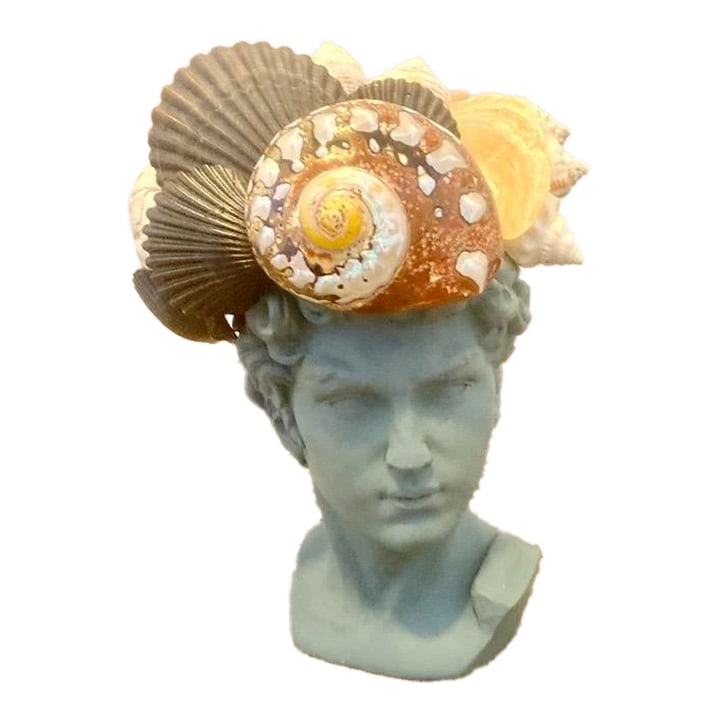 Shell-Encrusted Bust in Farrow & Ball Inchyra, "The May River Matador": Shell-Encrusted Bust in Farrow & Ball Inchyra #289, "The May River Matador" by May River Neptune. See image 3 for true color. A singular sculptural bust, finished in the nuanced Farrow & Ball shade