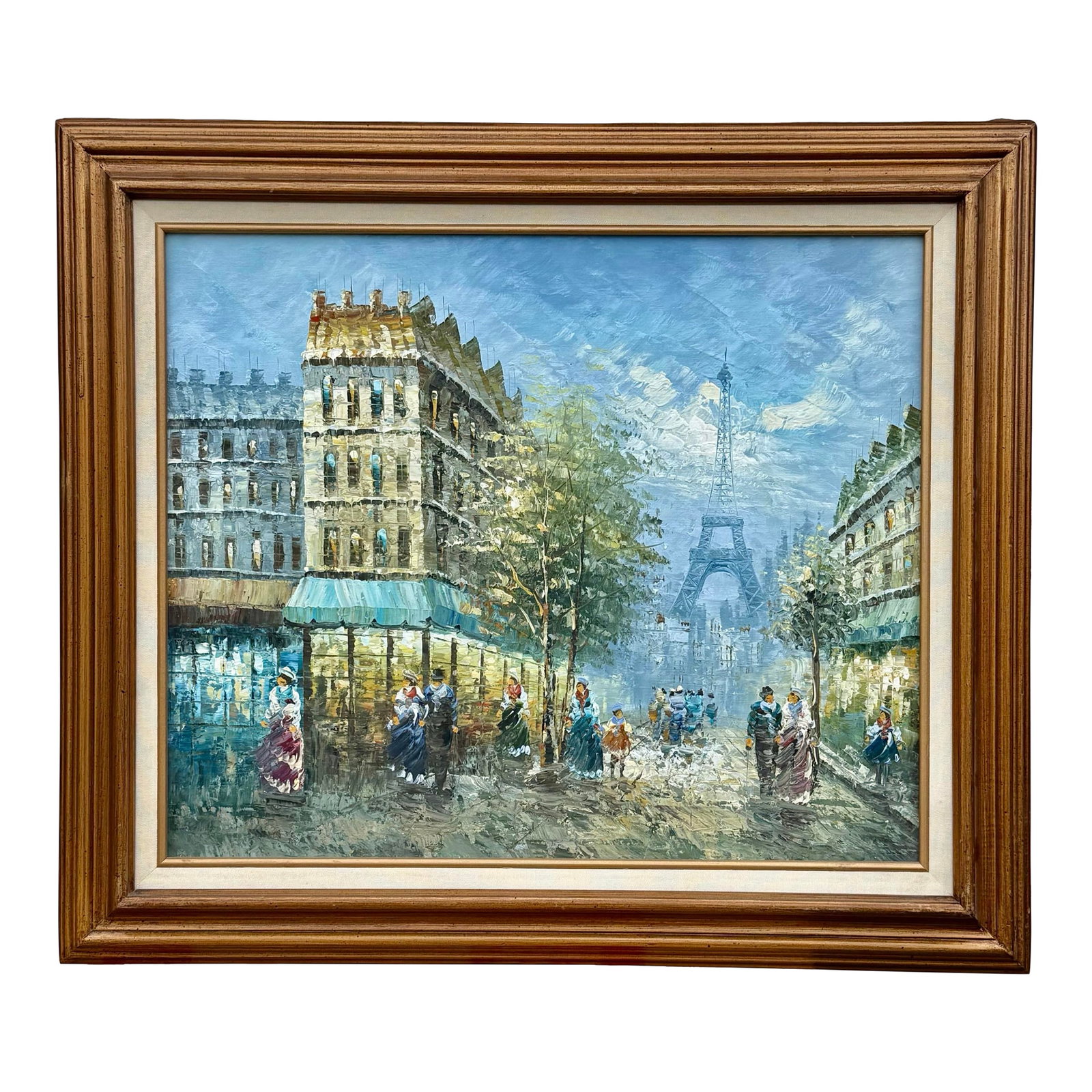 Vintage Paris Cityscape Eiffel Tower Oil Painting, Large Framed Mid-Century Impressionist Art: A large vintage cityscape oil painting depicting a classic Parisian street scene rendered in an Impressionist style characteristic of the mid-20th century. The composition features the Eiffel Tower