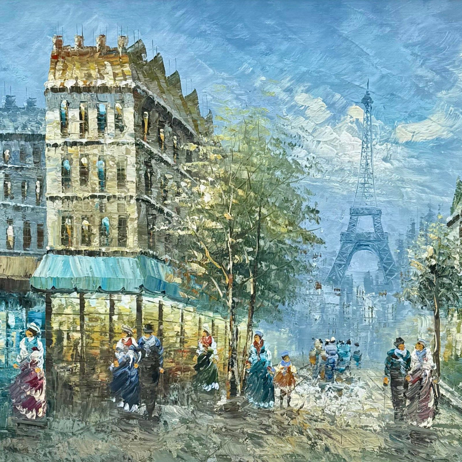Vintage Paris Cityscape Eiffel Tower Oil Painting, Large Framed Mid-Century Impressionist Art - 4