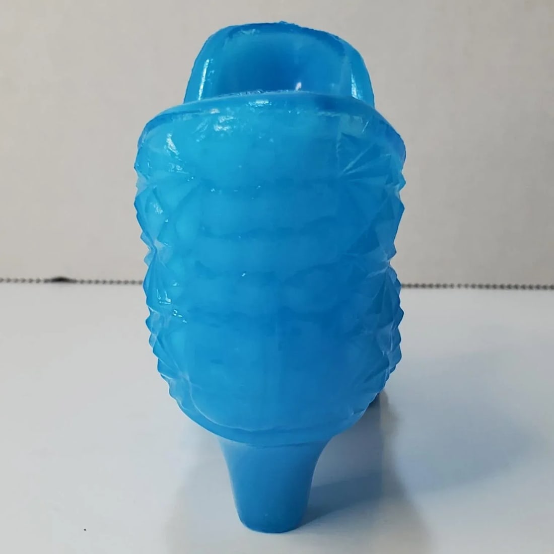 Mid Century Le Smith Blue Milk Glass Cat Head Slipper Bud Vase - 3