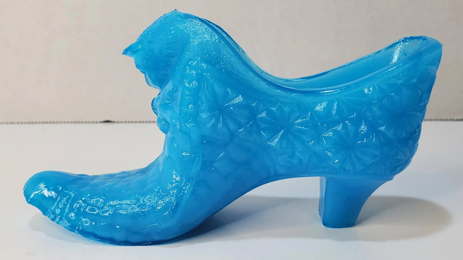 Mid Century Le Smith Blue Milk Glass Cat Head Slipper Bud Vase - 6