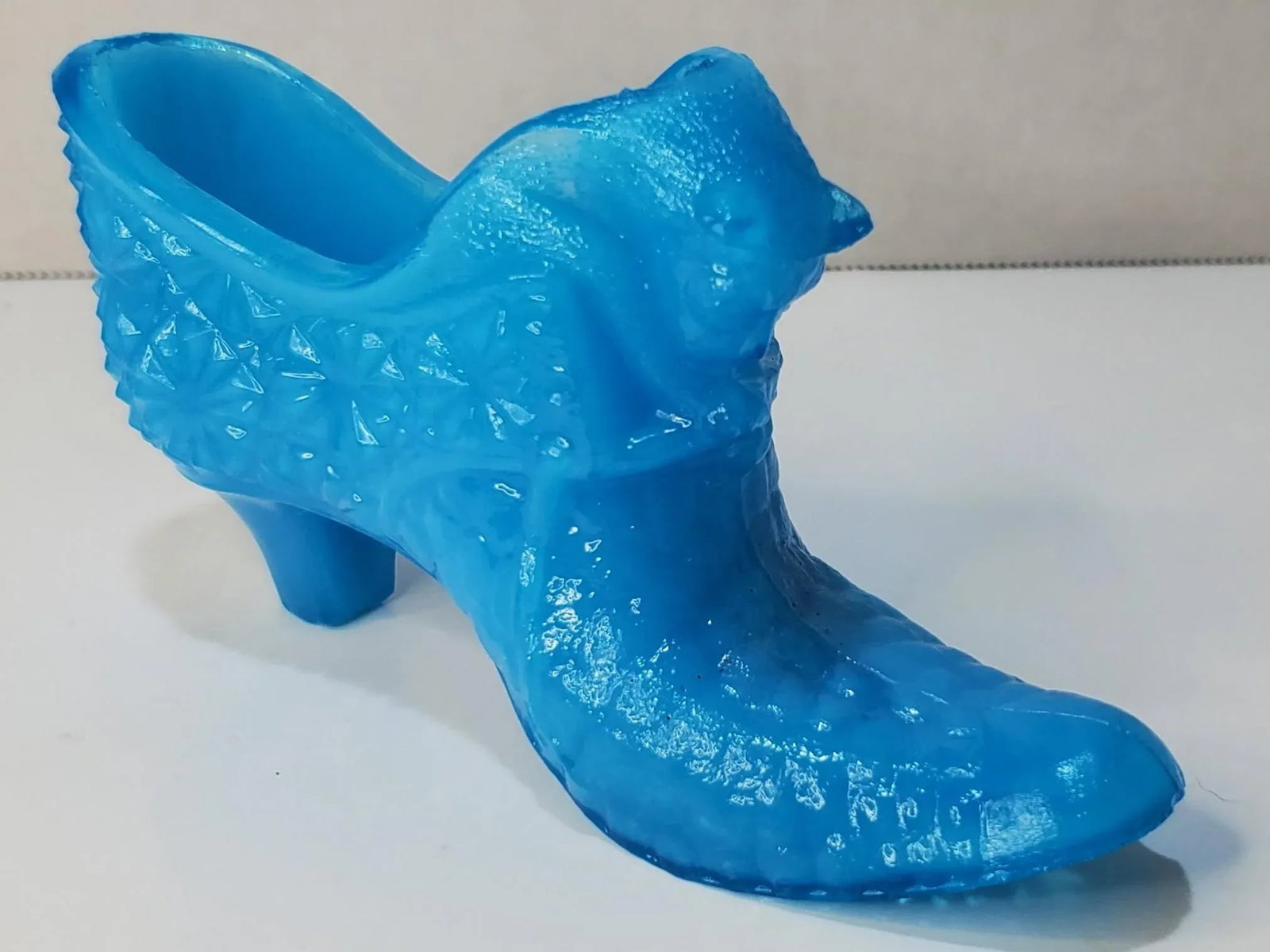 Mid Century Le Smith Blue Milk Glass Cat Head Slipper Bud Vase - 9