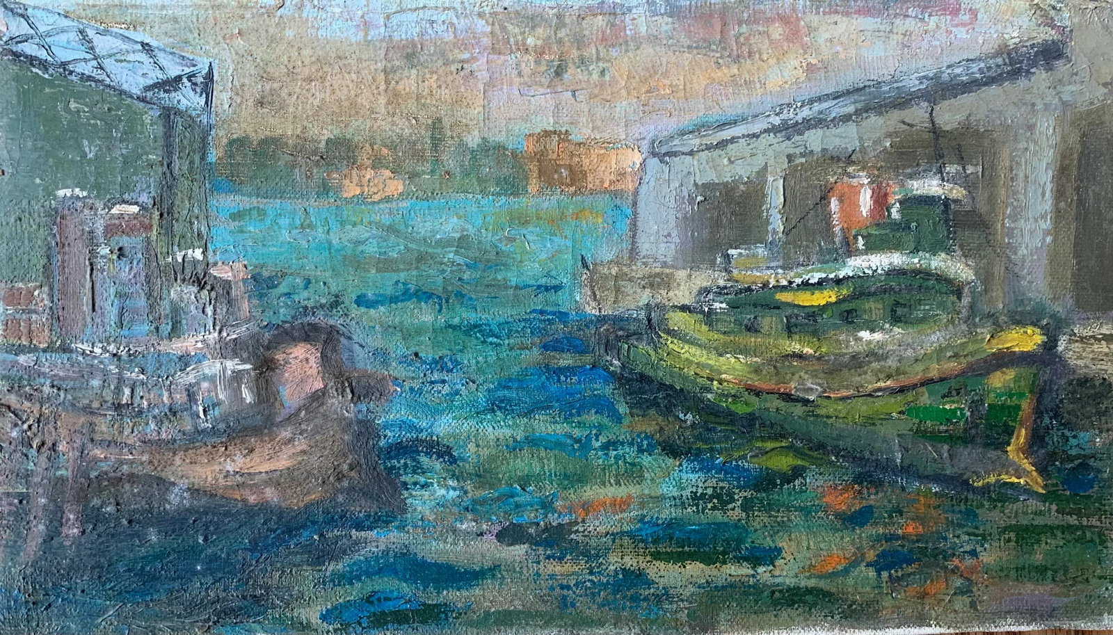 Early 20th Century "Tugboats in Harbor" Maritime Scene Oil Painting - 2
