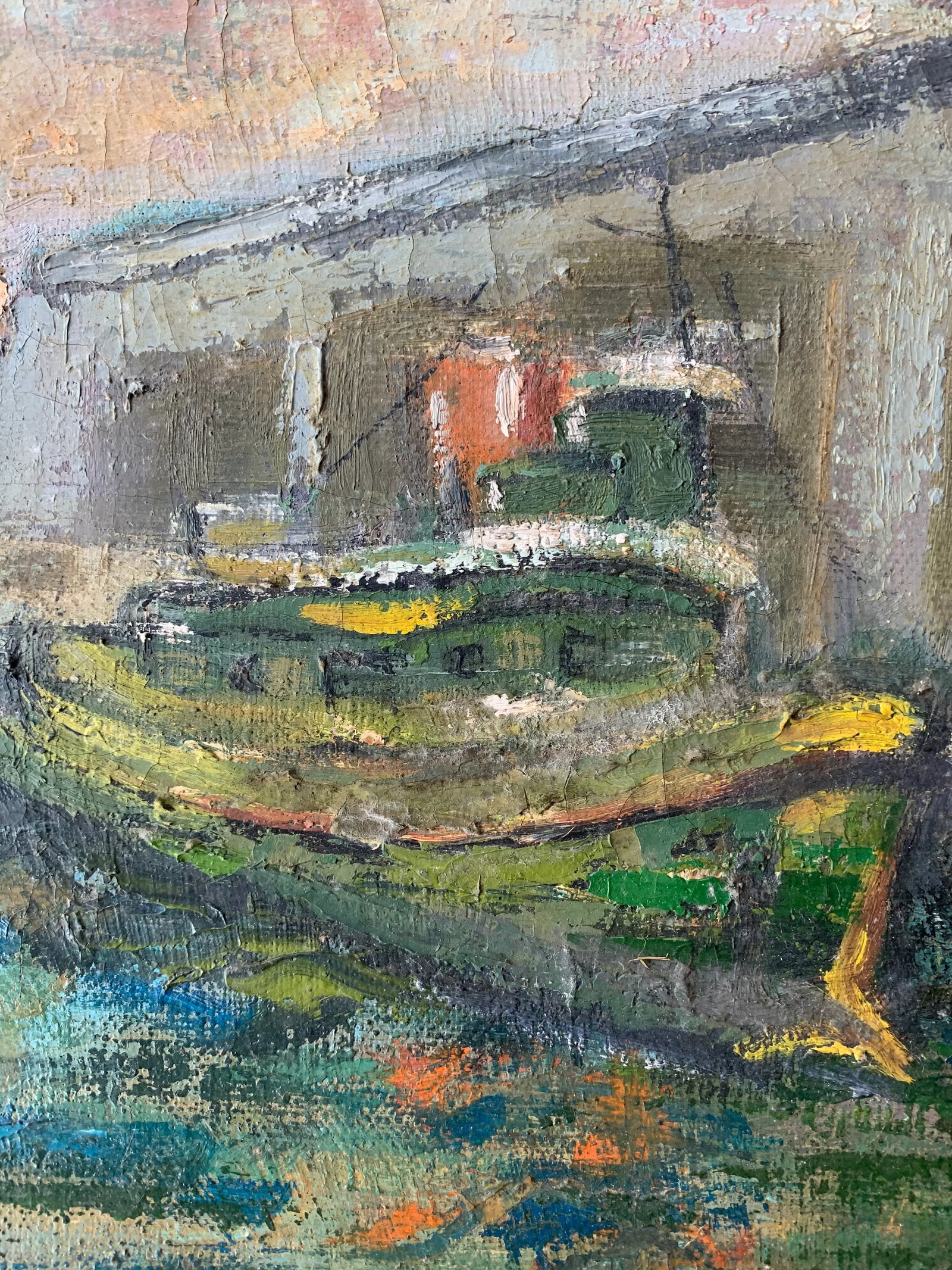 Early 20th Century "Tugboats in Harbor" Maritime Scene Oil Painting - 3