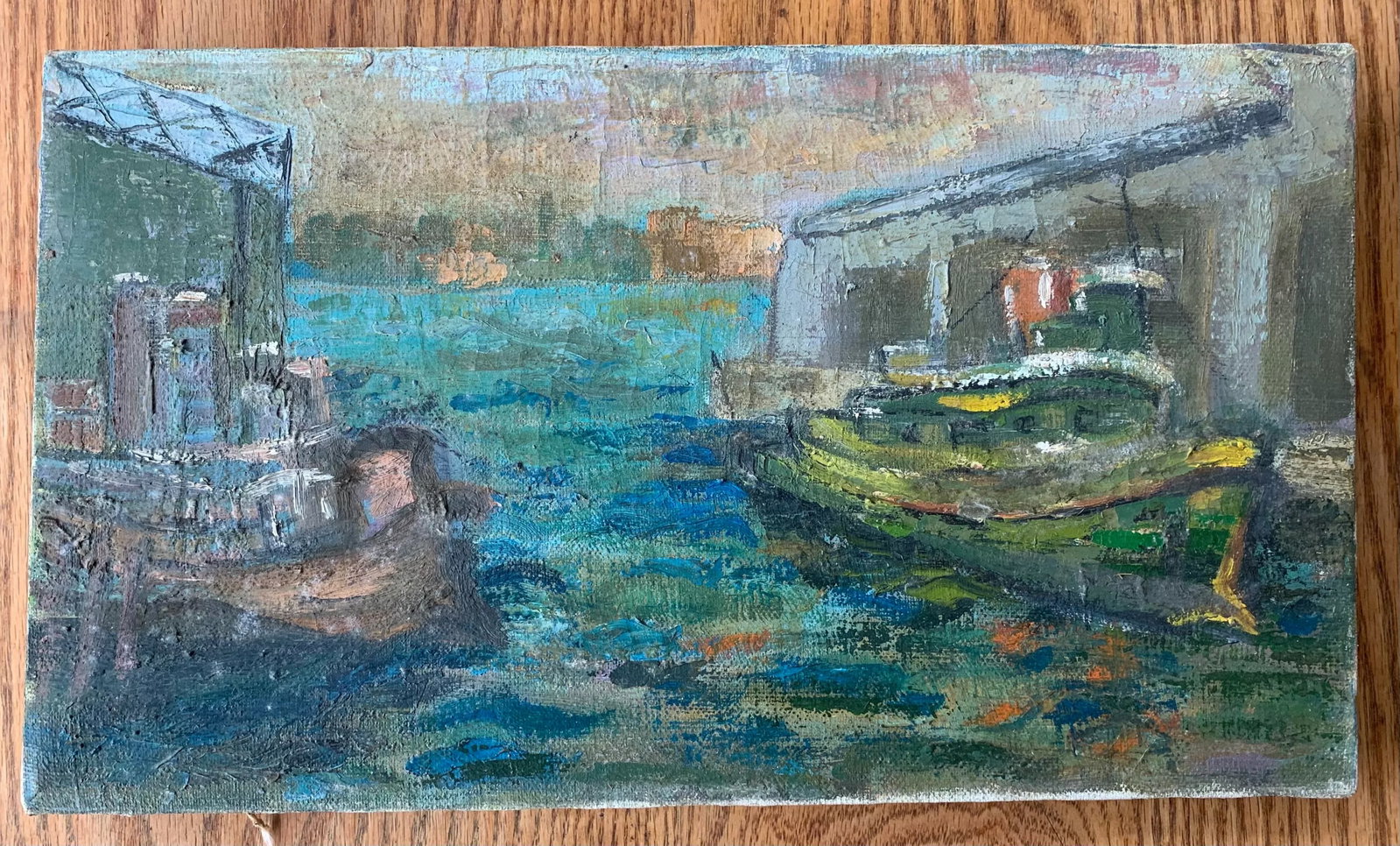 Early 20th Century "Tugboats in Harbor" Maritime Scene Oil Painting - 7