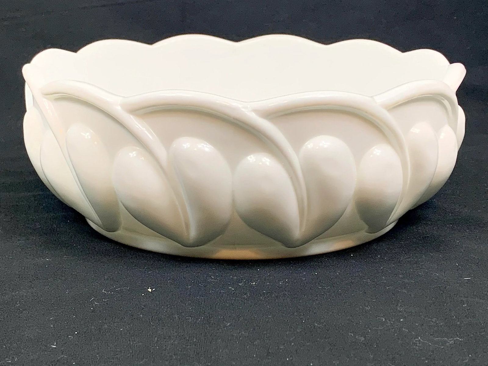 Vintage Milk Glass Leaf Design Bowl - 13