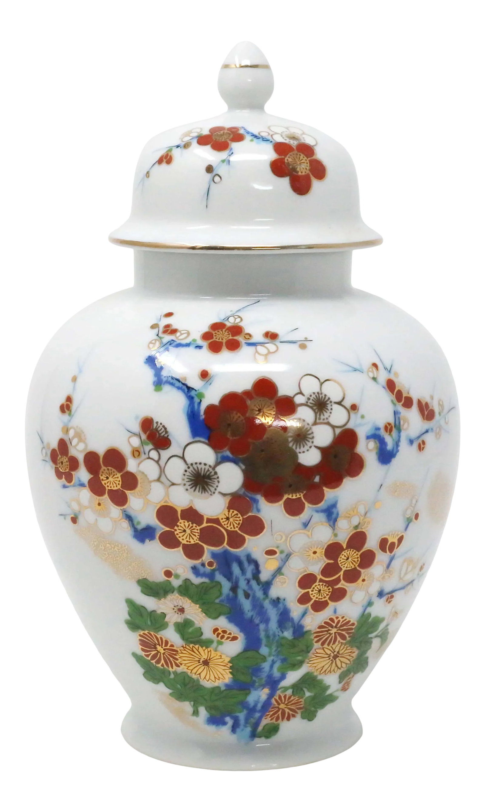 Vintage Chrysanthemums and Cherry Blossoms Porcelain Ginger Jar: A vintage, white porcelain ginger jar, decorated with cherry blossoms and chrysanthemums in gold, red, blue and green. Condition: Alterations: Original Condition Unaltered Imperfections: Some