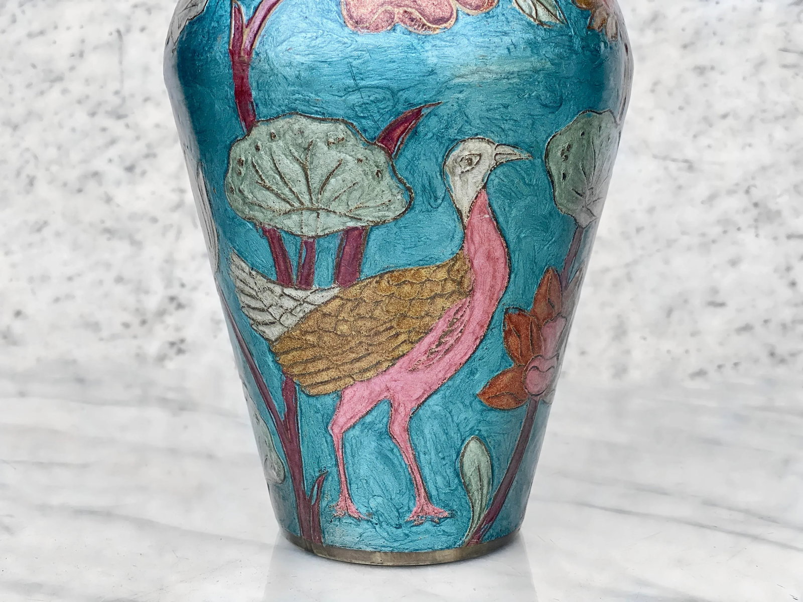 Vintage Middle Eastern Brass Enamel Cloisonne Bird Motif Flared Vase - 4