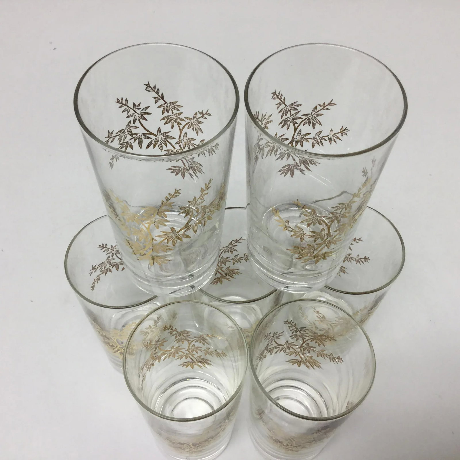 Mid 20th Century Glassware With Gold Bamboo Botanical Design - Set of 7. - 2