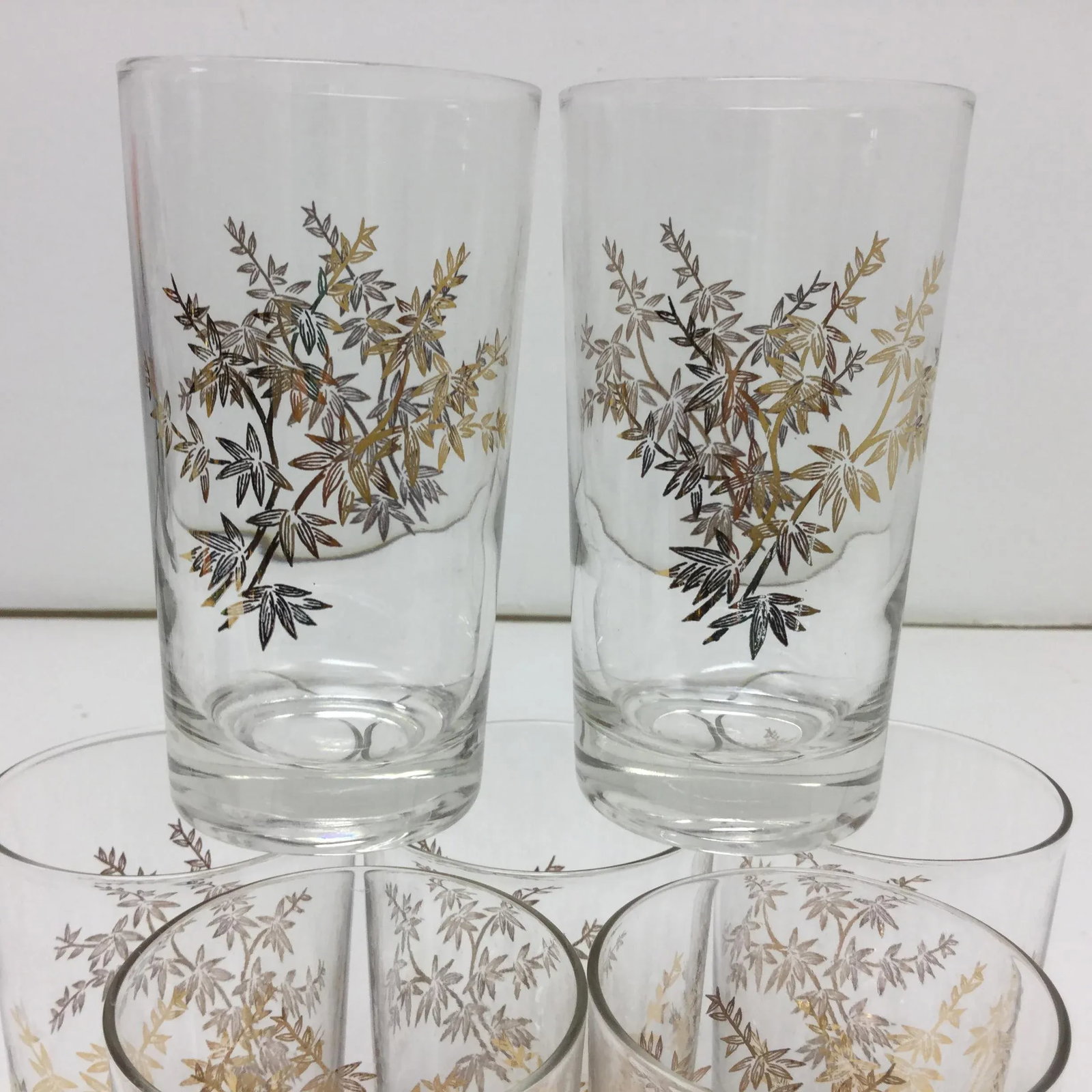 Mid 20th Century Glassware With Gold Bamboo Botanical Design - Set of 7. - 7