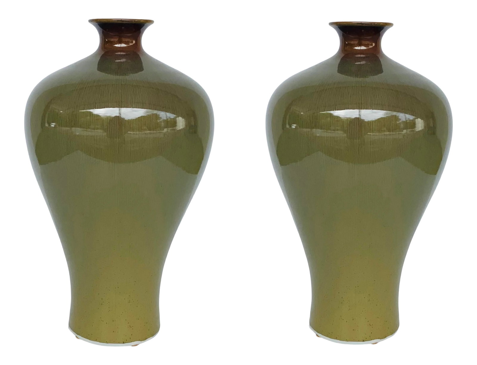 Modern Moss and Brown Glaze Tepered Bulbous Vases - a Pair: Stylish Modern Moss and Brown Glaze Tepered Bulbous Vases Pair, ceramic, showroom floor samples Condition: Imperfections: Some Imperfections Condition Notes: Showroom floor samples, not brand new