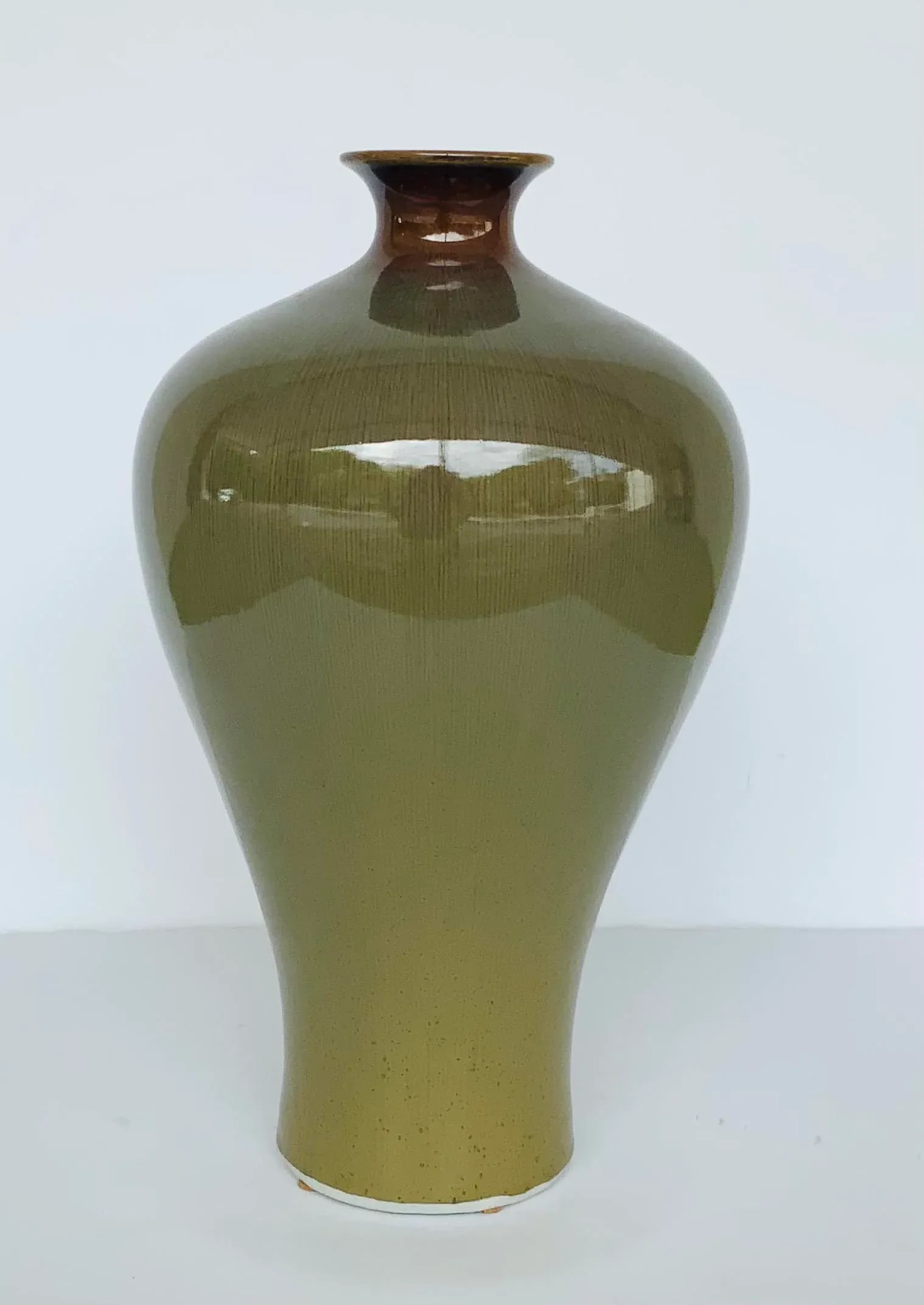 Modern Moss and Brown Glaze Tepered Bulbous Vases - a Pair - 2