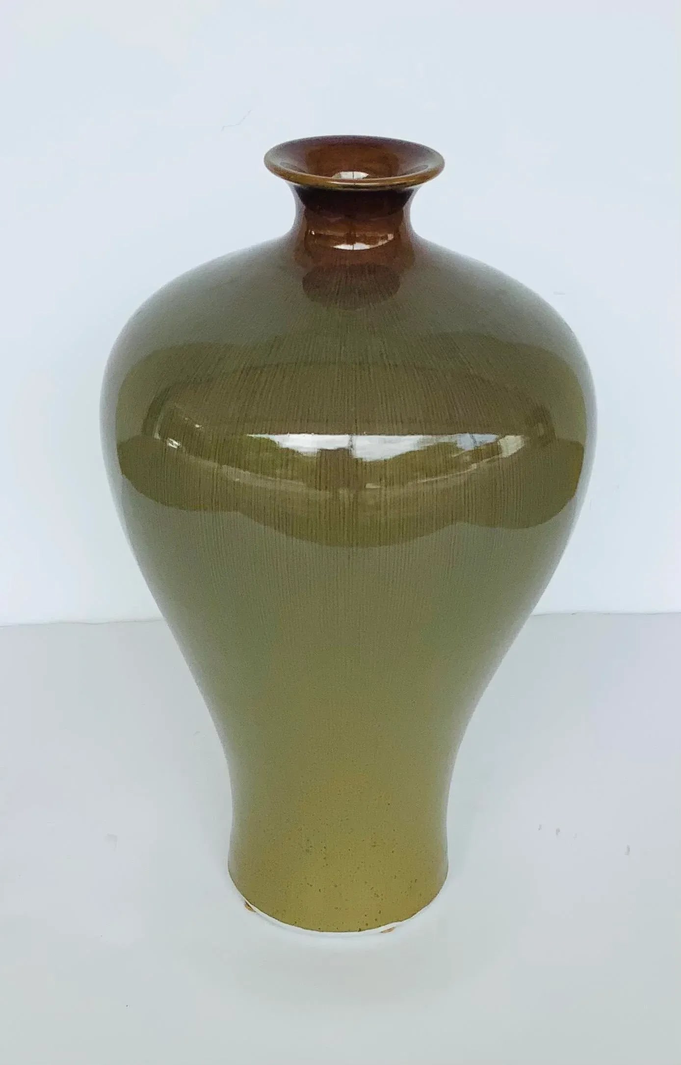 Modern Moss and Brown Glaze Tepered Bulbous Vases - a Pair - 3