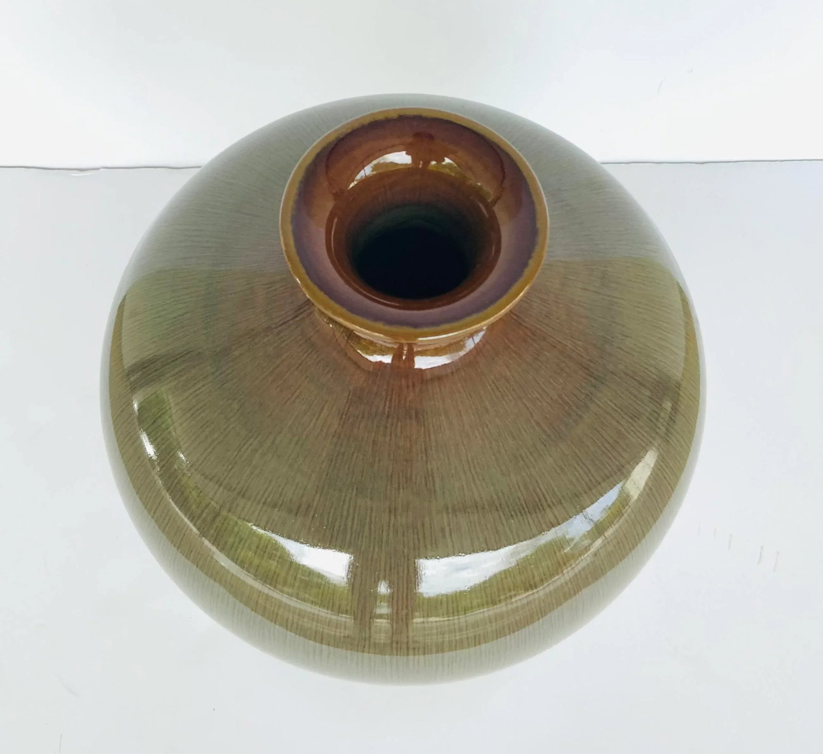 Modern Moss and Brown Glaze Tepered Bulbous Vases - a Pair - 4