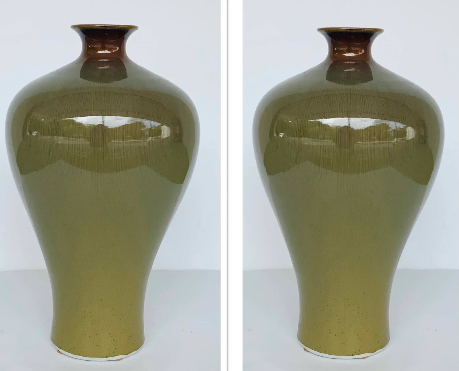 Modern Moss and Brown Glaze Tepered Bulbous Vases - a Pair - 5