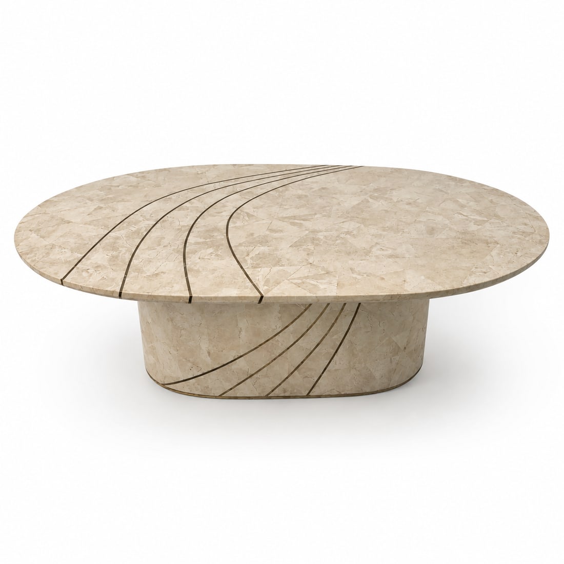 Italian Tessellated Stone and Brass Inlay Oval Coffee Table: Beautiful vintage tessellated stone coffee table, oval in shape. This table has brass inlay on the top and on the base, in an elegant swirl pattern. Top is removable from base (see photos). 50.5w 16h