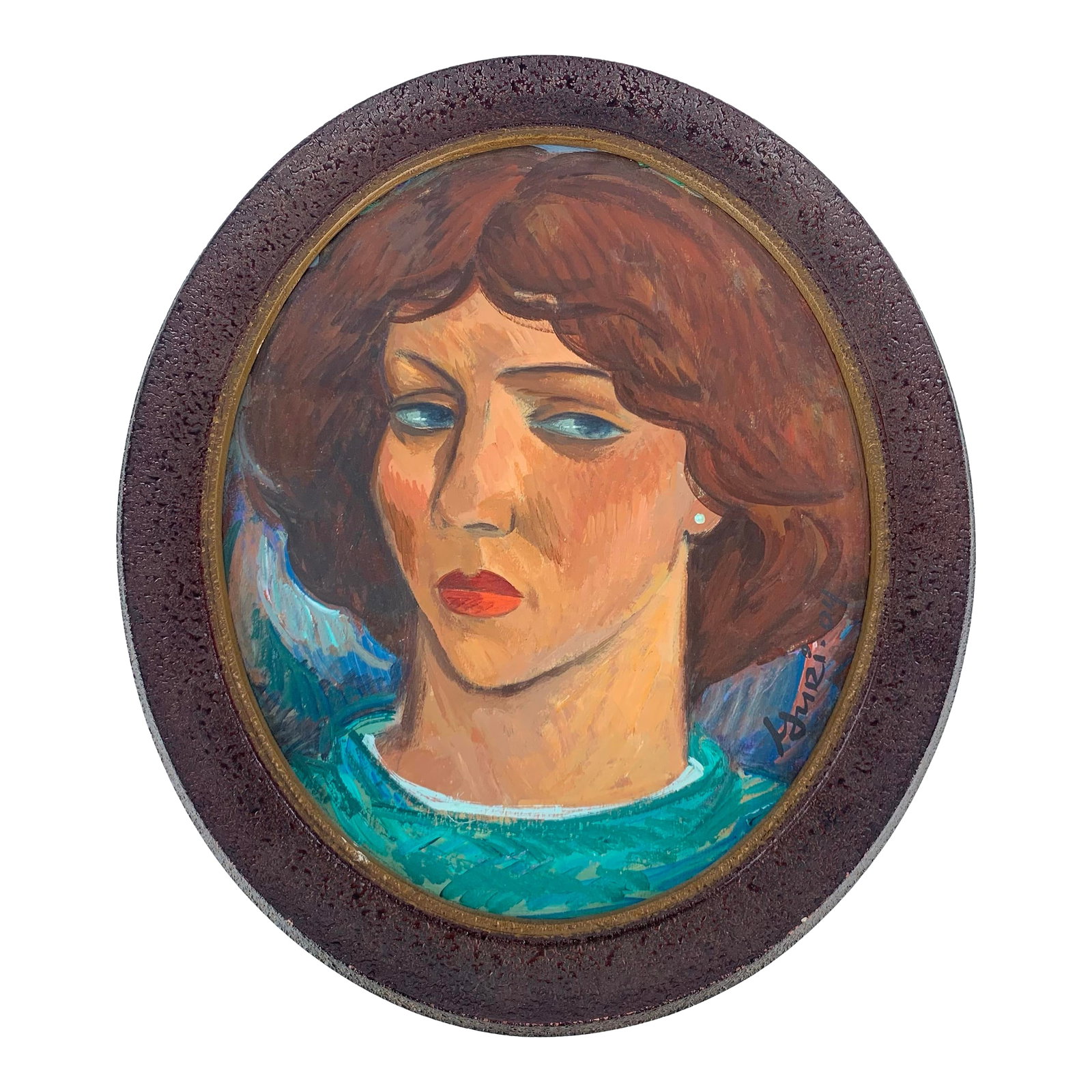 Vintage Female Portrait Painting Side Eyed Blue Eyes Framed Signed Yuri Double Sided: Fantastic one of a kind acrylic painting on cardboard of sided lady portrait. Signed Yuri? Amazing antique frame. Study on back. Love her! Great addition to your vintage home decor and art