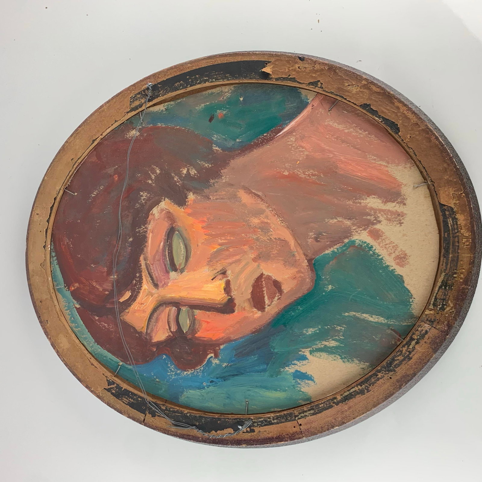 Vintage Female Portrait Painting Side Eyed Blue Eyes Framed Signed Yuri Double Sided - 5