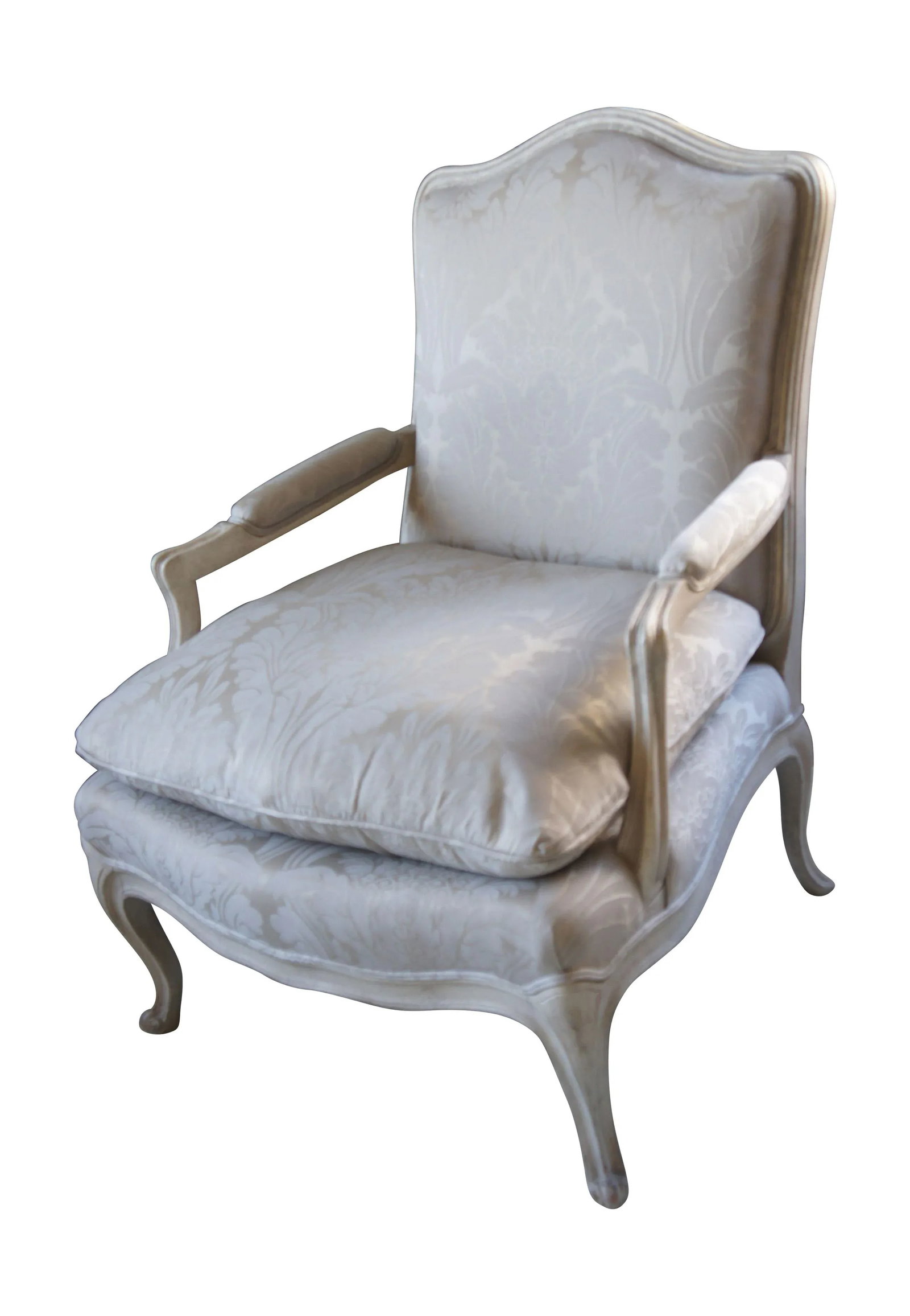 Silver Louis XV Bergere Chair: Lovely Louis XV style Bergere chair in ivory and silky silver fabric. Beautifully made and in great condition. A stand-out for any living room or bedroom! Custom made by a San Francisco decorator.
