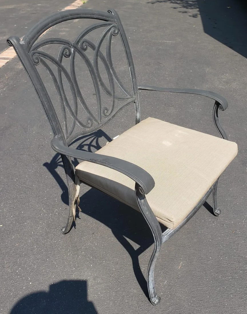 Vintage Cast Aluminum Patio Table & 4 Armchairs With Cushions Set - 3