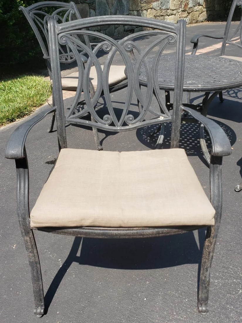 Vintage Cast Aluminum Patio Table & 4 Armchairs With Cushions Set - 4