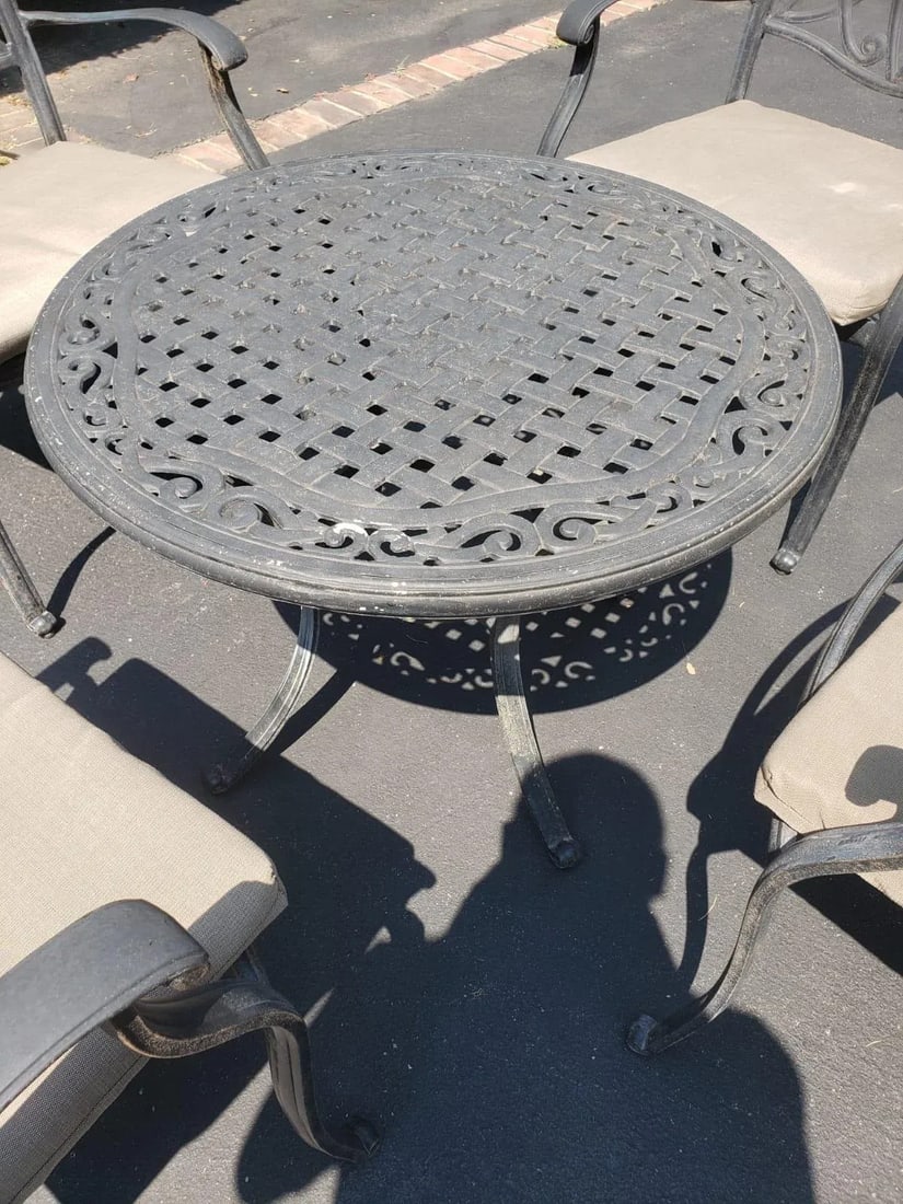Vintage Cast Aluminum Patio Table & 4 Armchairs With Cushions Set - 6