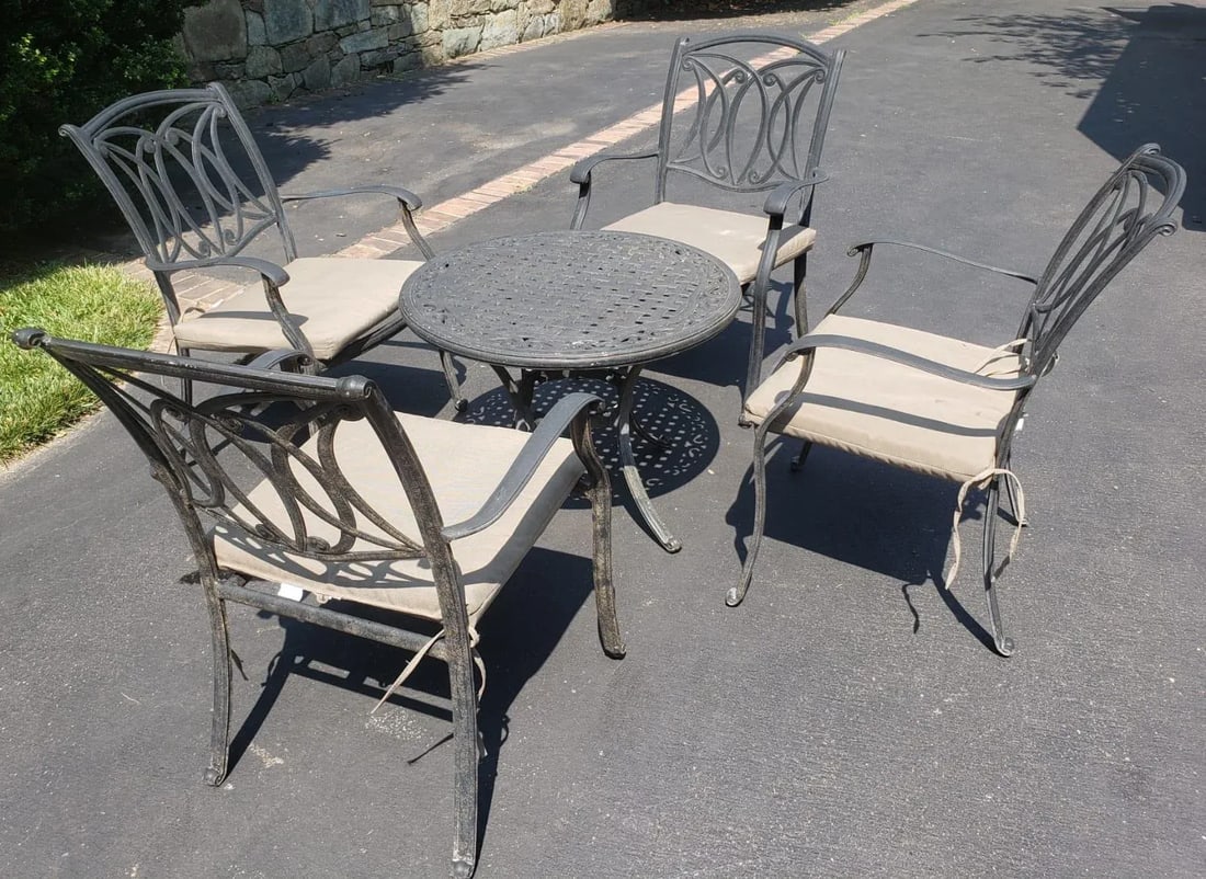 Vintage Cast Aluminum Patio Table & 4 Armchairs With Cushions Set - 9