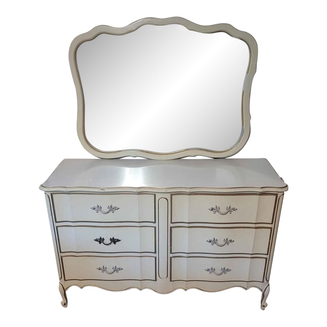 1950s Dixie French Provincal Six Drawer Dresser: Six drawer wood dresser with mirror. 1950s French provincal style, white with gold accents in excellent condition, one unpainted matching handle, not original to piece. Top has smooth glass like