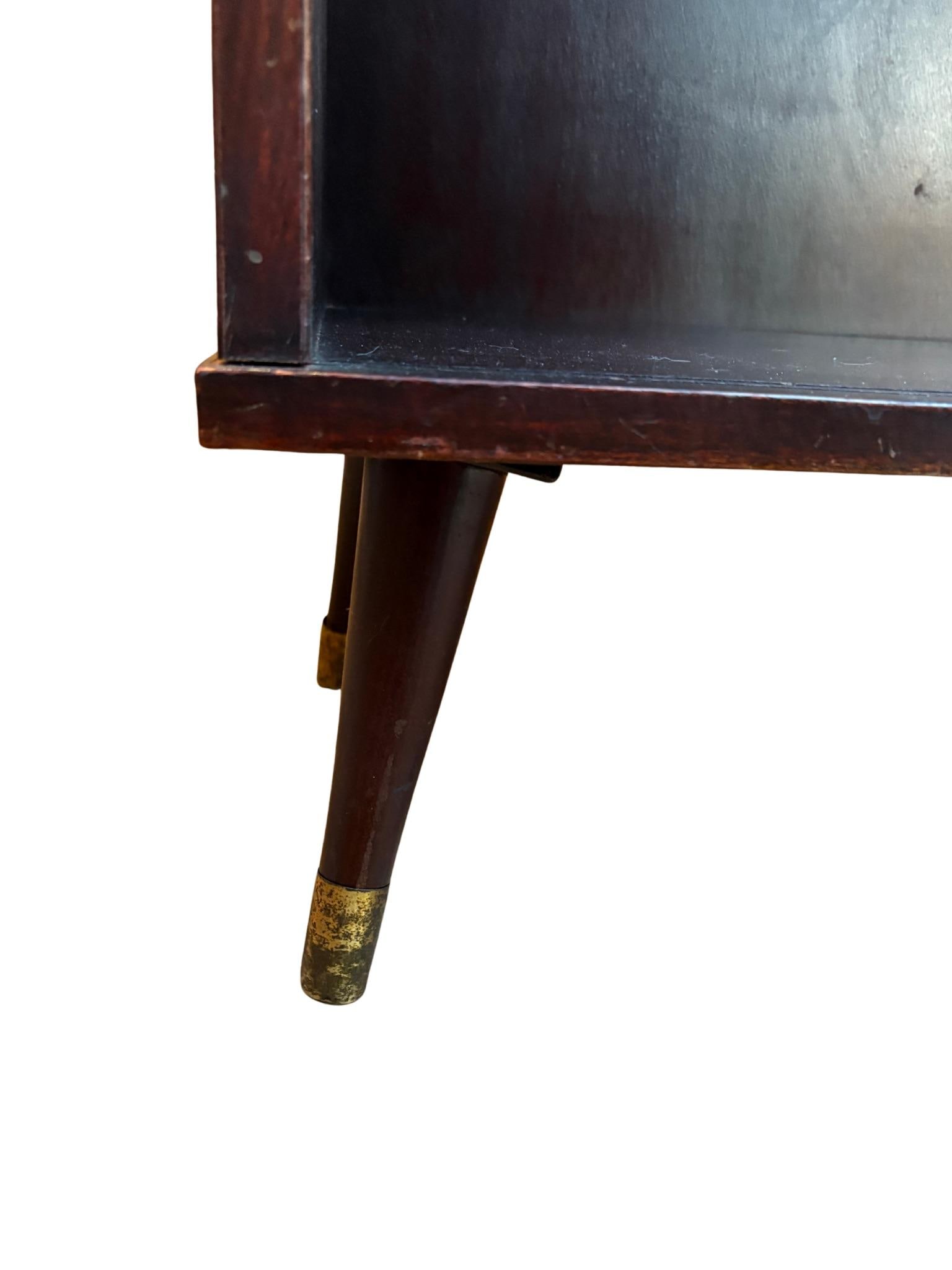 1960s Mid Century Modern Low Warm Wood 2 Shelf Bookshelf With Tapered Brass Capped Legs Dark Stain - 2