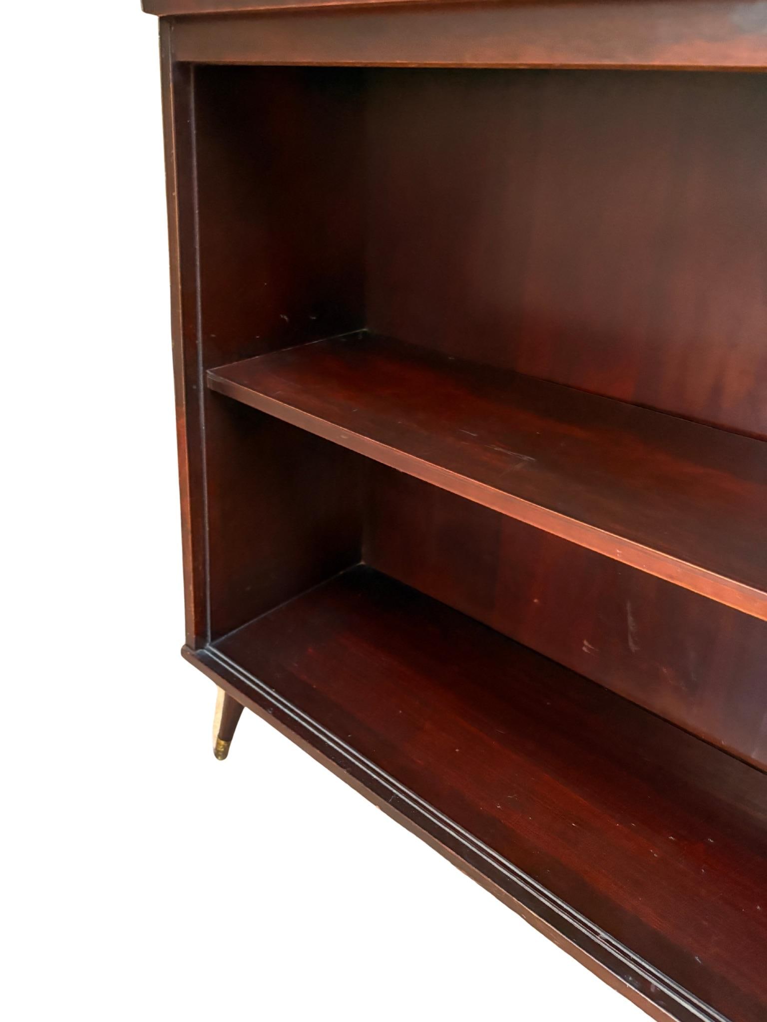 1960s Mid Century Modern Low Warm Wood 2 Shelf Bookshelf With Tapered Brass Capped Legs Dark Stain - 3