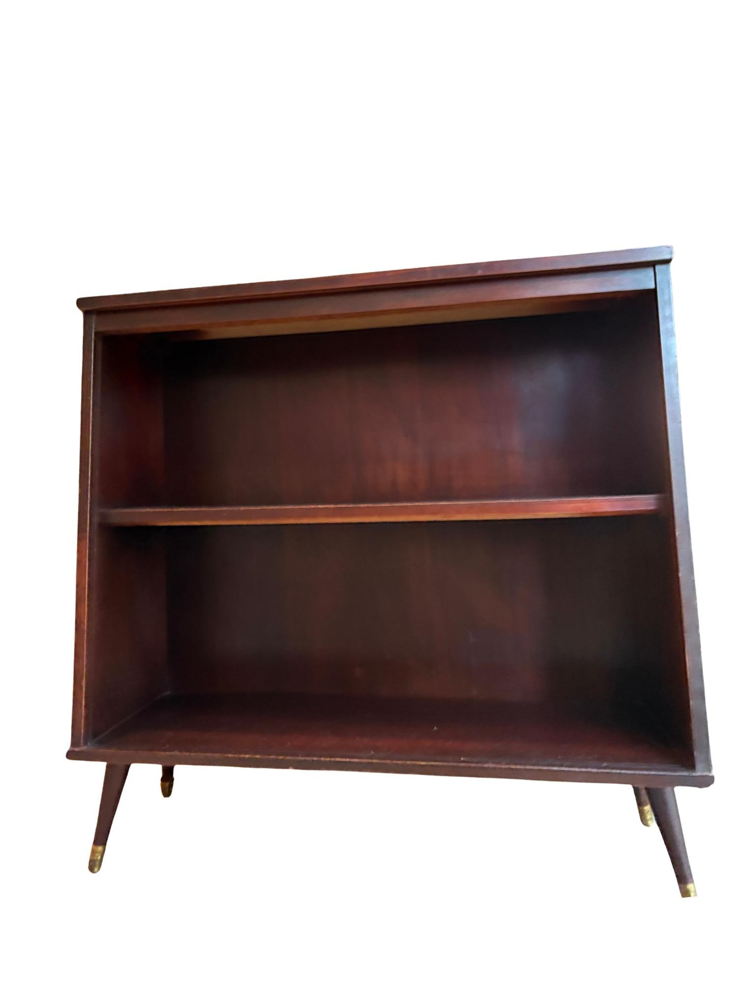 1960s Mid Century Modern Low Warm Wood 2 Shelf Bookshelf With Tapered Brass Capped Legs Dark Stain - 6