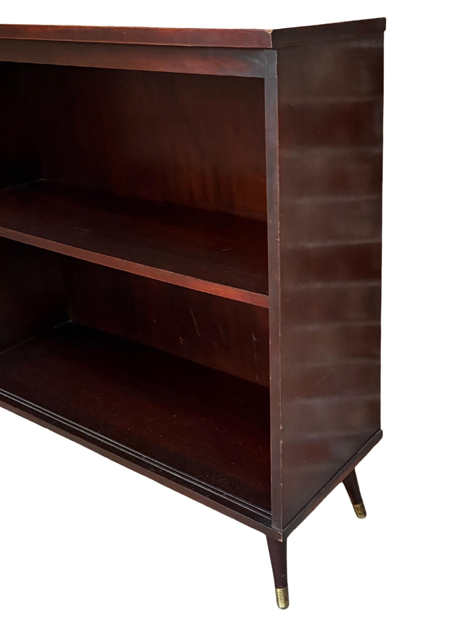 1960s Mid Century Modern Low Warm Wood 2 Shelf Bookshelf With Tapered Brass Capped Legs Dark Stain - 7