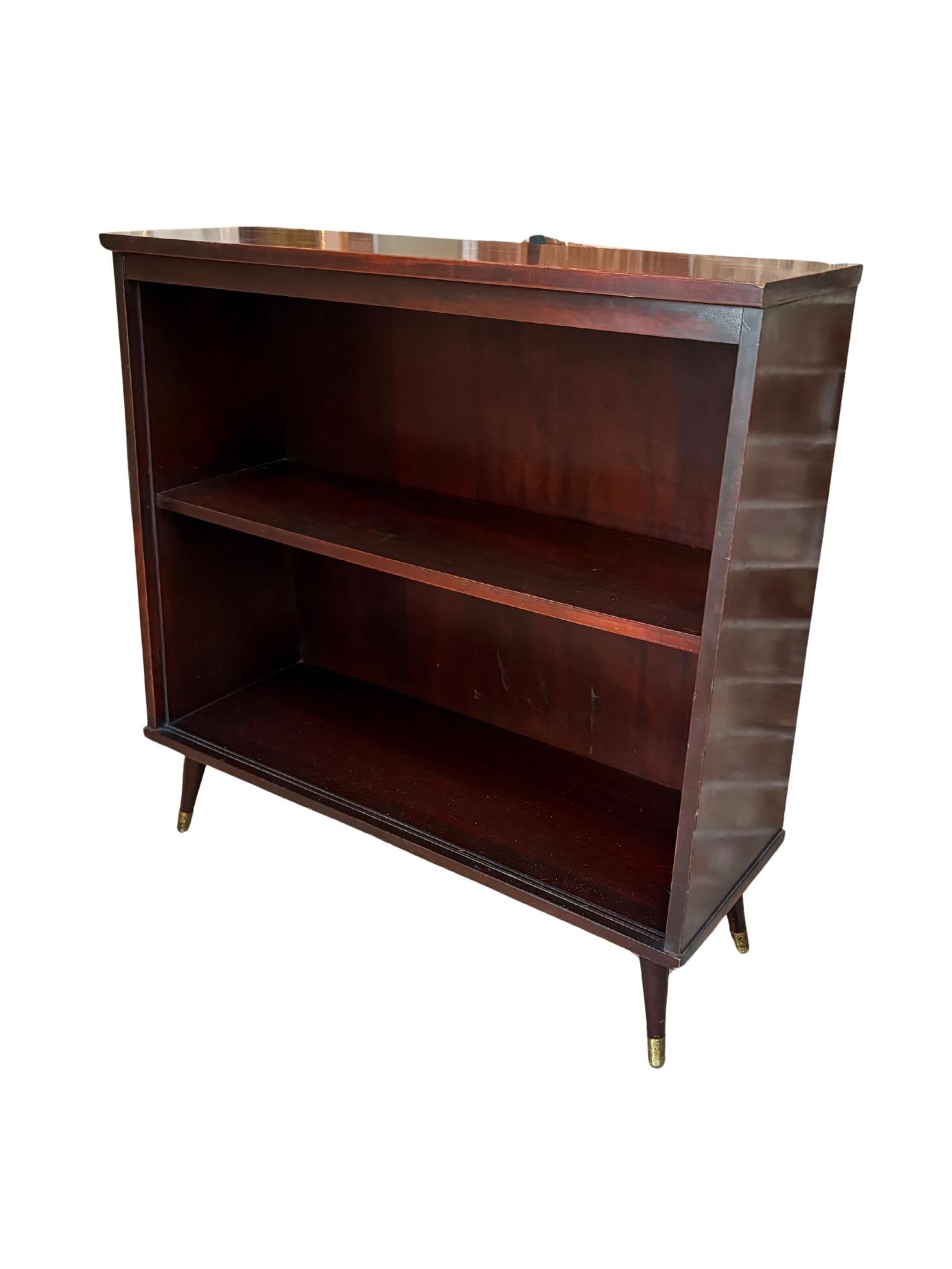1960s Mid Century Modern Low Warm Wood 2 Shelf Bookshelf With Tapered Brass Capped Legs Dark Stain - 9