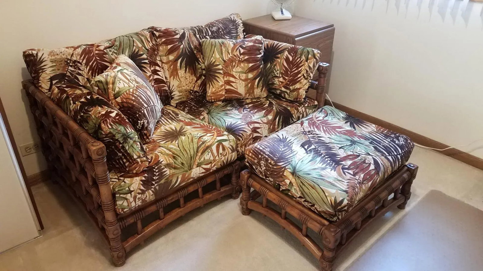 1980s Vintage Tropical Inspired Loveseat and Matching Ottoman - 2