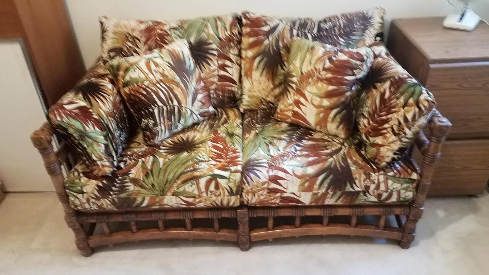1980s Vintage Tropical Inspired Loveseat and Matching Ottoman - 3